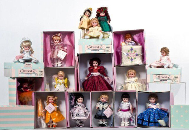 (16 ) Madame Alexander doll lot - most of these: dolls are new assorted size, Party Dress Wendy, Degas 38210, Victorian Sailorette 33555, Friday Child 27750, Saturdays Child 27795, Wednesday Child 27780, Mondays Child 27795, 2006 Charlotte Bronte, L