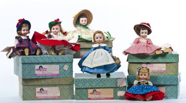 (6) 1962 Boxed 8" Colonial girl - basket of fruit,: blue dress , white apron, jointed at knees - boxed Americana #488 8" jointed at knees , brown hair , red and white striped dress , bows and red ribbon decorated straw hat - boxed Scarlett straight leg