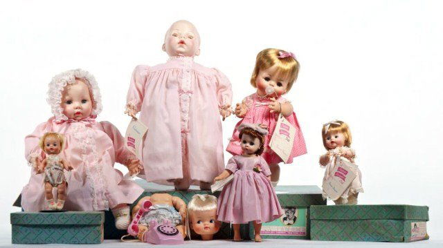 Lot of seven Madame Alexander baby dolls,: Victoria 18" 1970s - Victoria 20" 1970s- Sweet Tears 16" 1971 - , Sweet Tears 9" 1960-74 - Little Showers vinyl 1960's - Littlest Kitten 8" 1963-64,