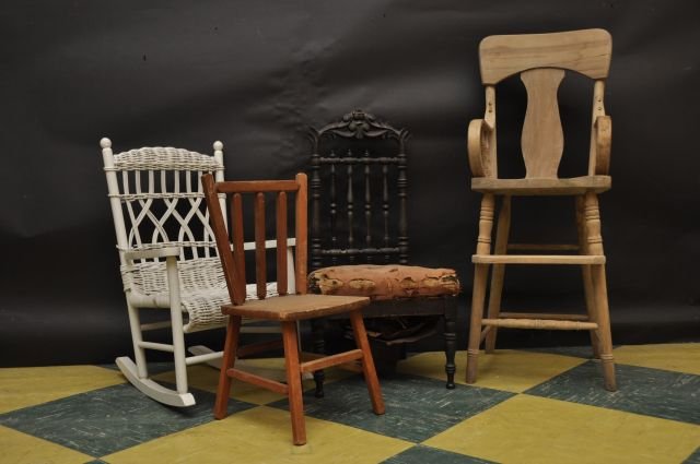 4 Chairs - High Chair ( 37 " ), Victorian: upholstered chair ( 29 1/2 ), Wicker Rocker ( 26 " ) small pine chair