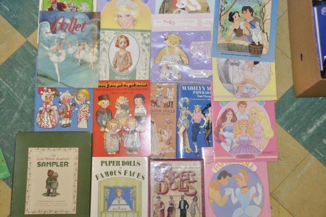 Box reproduction paper dolls - most are uncut -: includes Amanda Goes West, Butterscotch, Barbie, Jen, Now & Then, Bride & Groom, Aladdin, Little Mermaid, Victorian Ornament dolls, Ballet, Princess Diana, American Girl, Cinderella, Joan Anglund, etc