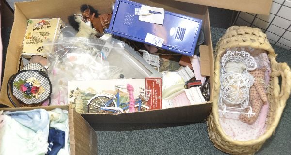 Box lot of Misc toys - odds and ends, etc. Wicker: baby basket, wagon, horses, bag of doll combs and brushes, etc.