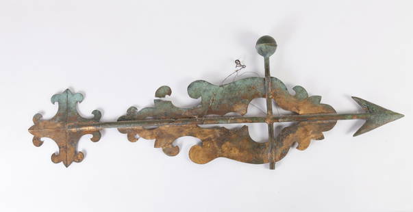 19TH C. COPPER SCROLLED BANNER WEATHER VANE: with old worn surface, much of original gilt remaining. 36 inches long.