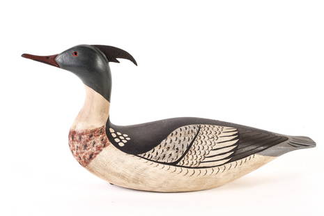 CARVED AND PAINTED MERGANSER DECOY: bottom stamped "Byron E. Bruffee", 19 inches long.