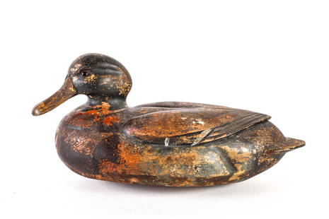 MALLARD DRAKE DECOY: Carved and painted solid body decoy, stamped on bottom "8 A O K E T", 14 inches long.