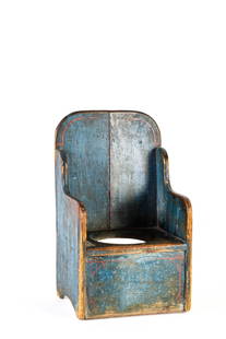 EARLY PRIMITIVE PAINTED CHILD'S POTTY CHAIR: Pine construction with blue paint and red pin striping. 19 inches high.