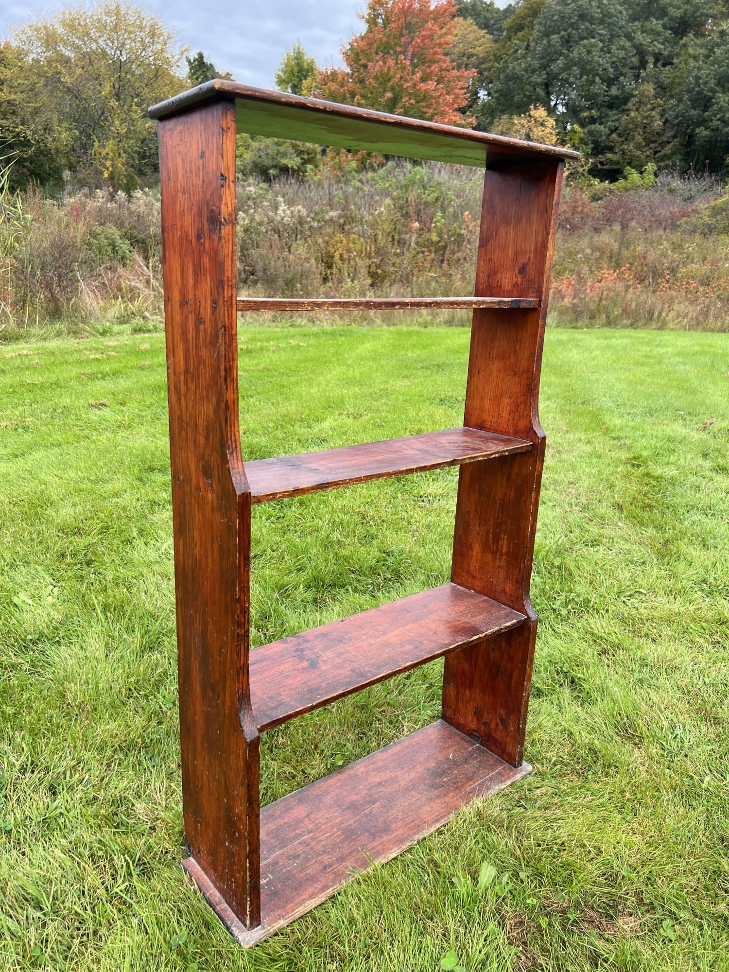 5-TIER PINE FREE-STANDING SHELF: Old finish. 39 1/2 x 23 inches wide.