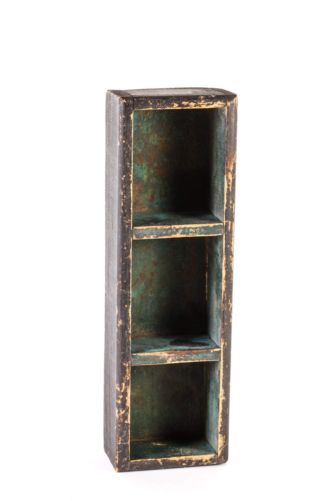 GREEN PAINTED UTILITY BOX: divided into 3 compartments, old paint. 6 x 18 1/2 x 3 1/2 inches high