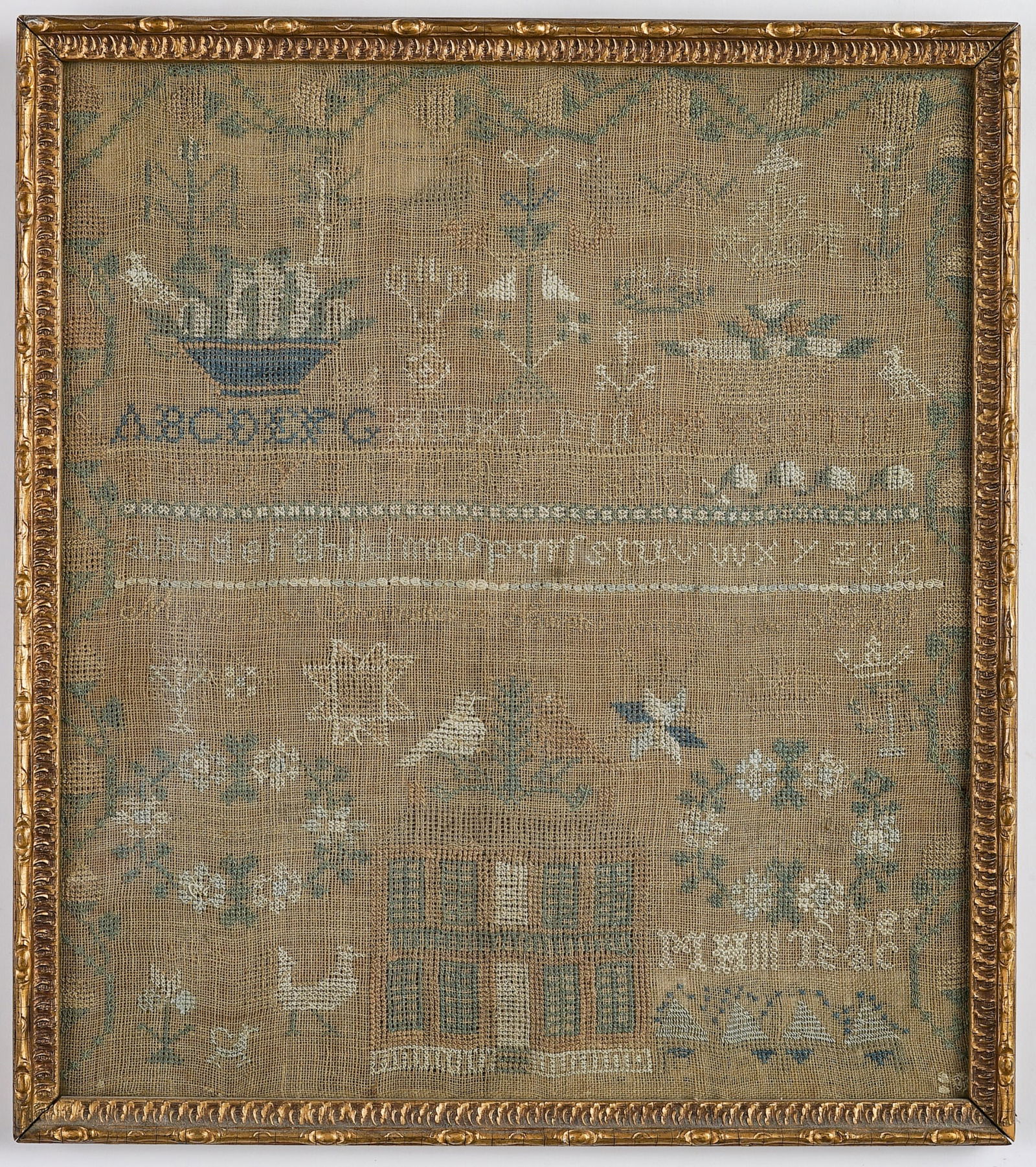 FRAMED NEEDLEWORK SAMPLER OF "MARY JANE G. . ." (1 of 7)