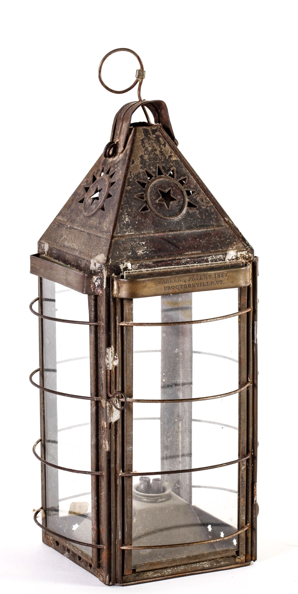 TIN WHALE OIL LANTERN: with glass panels, 12 inches high.