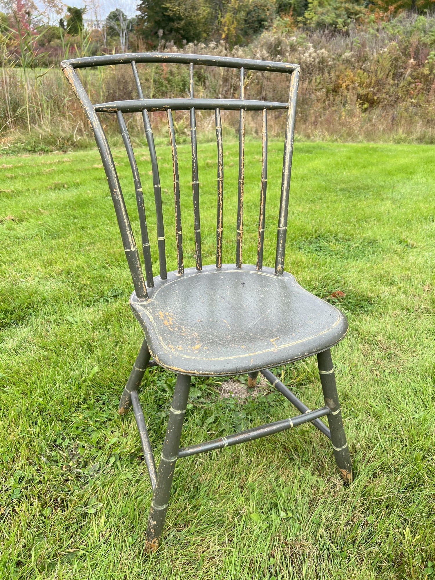 BIRDCAGE WINDSOR SIDE CHAIR IN OLD GREEN PAINT: Seat height 17 inches.