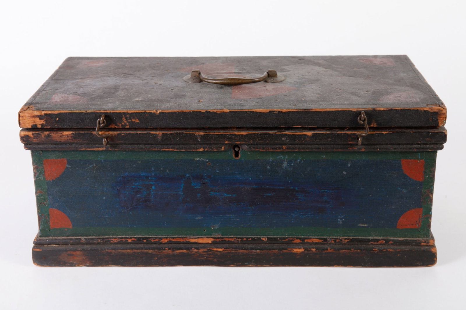 SMALL MULITI-COLORED UTILITY BOX: Blue box with green trim and red decoration. 15 x 8 1/2 x 6 inches high.