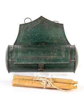 ANTIQUE WALL HANGING CANDLE BOX (19th C.): Green painted tin wall hanging candle box. 9" high x 10".