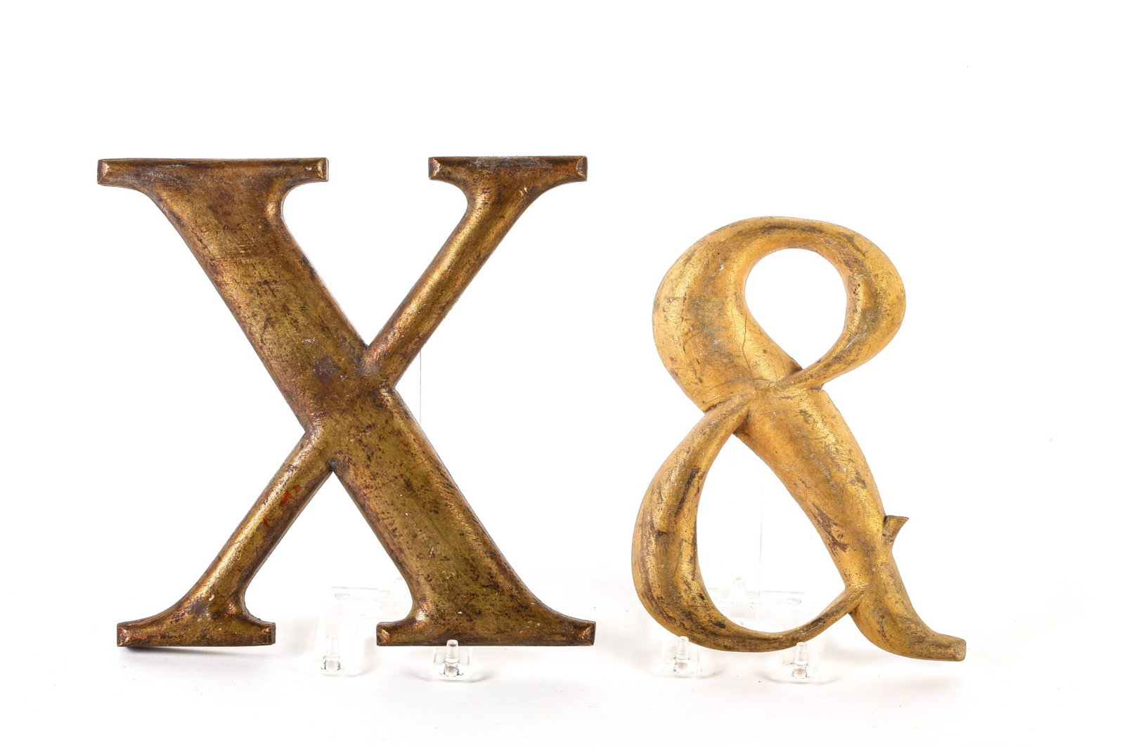 (2) VINTAGE GILT WOOD ALPHABETIC CHARACTERS: The letter "X" and the ampersand symbol, 9 and 8 1/2 inches respectively.