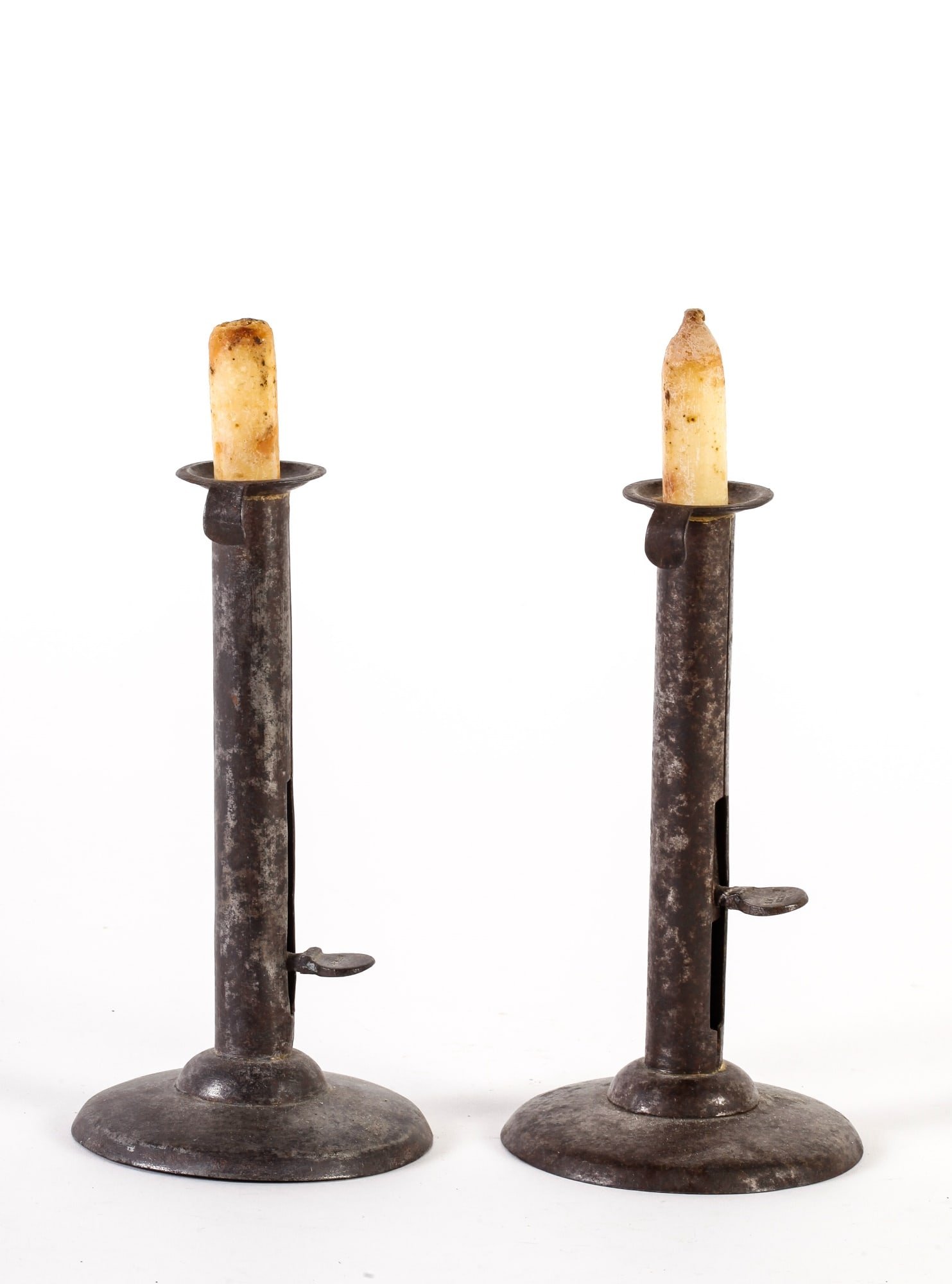 PAIR OF IRON HOGSCRAPER CANDLESTICKS BY "SHAW" (1 of 14)