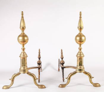 PAIR OF QUALITY BRASS STEEPLE TOP ANDIRONS: With dogs. 24 1/2 inches tall.