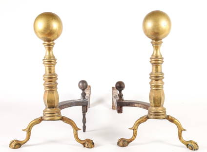 PAIR OF BRASS CHIPPENDALE BALL-TOP ANDIRONS: With ball and claw feet, 18 inches tall. 18th c. Included: brass fireplace tongs, early 19th c.