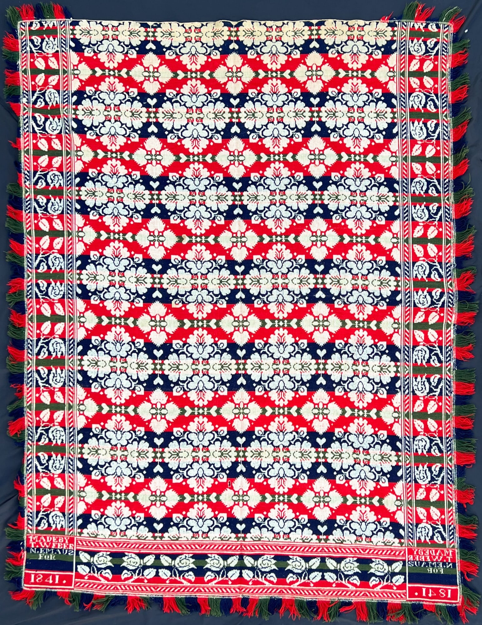 T. WEBER N. EMAUS 1841 WOVEN COVERLET: "Made by T. Weber N Emaus for"?. Approximately 76 x 95 inches