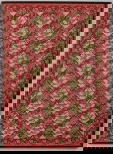 EARLY FRAMED SMALL RED "BASKET" QUILT: Hand Sewn quilt with repeating basket design. 48 x 33 3/4 inches.