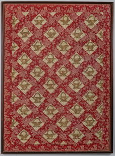 EARLY FRAMED SMALL RED "BASKET" QUILT: Hand Sewn quilt with repeating basket design. 48 x 33 3/4 inches.