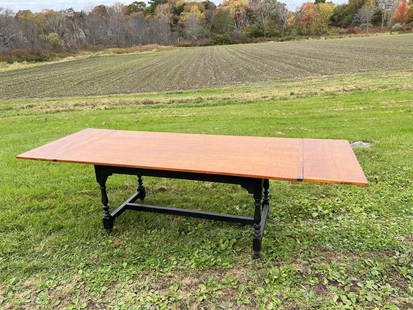 ELDRED WHEELER EARLY AMERICAN STYLE DINING TABLE: With two 14" leaves. Tiger maple top. 29 1/2" x 73" x 36" without leaves.