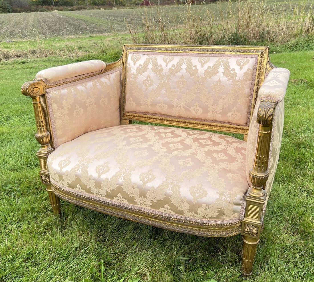 FRENCH STYLE UPHOLSTERED SLIPPER SEAT: 33 inches wide, 27 inches high, seat height is 14 inches.