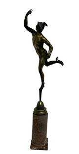 BRONZE STATUE OF MERCURY THE MESSENGER: Carrying a caduceus. 22 inches tall, on marble base, 30 inches overall.