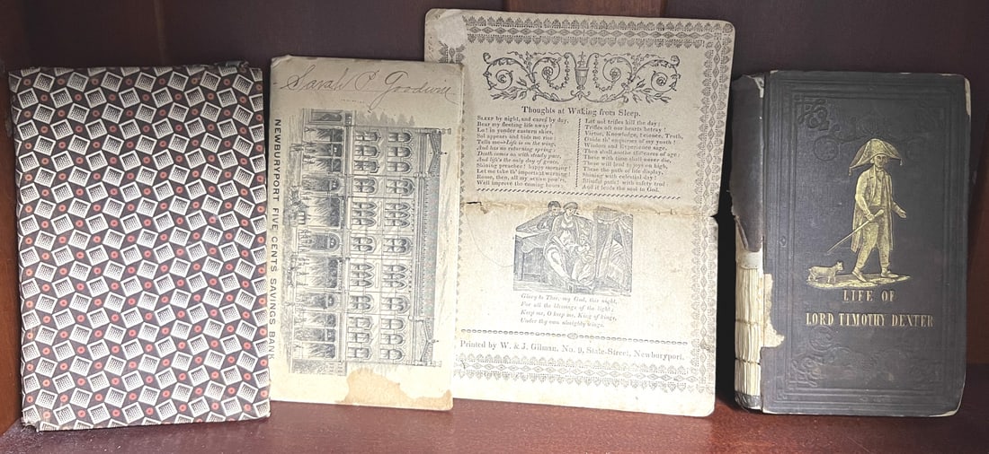 (4) NEWBURYPORT-RELATED ITEMS INCLUDING A: "MULTIPLICATION TABLE", "Life of Lord Timothy Dexter" (2 copies), and a Newburyport Savings Bank envelope with contents. See pics for more info.