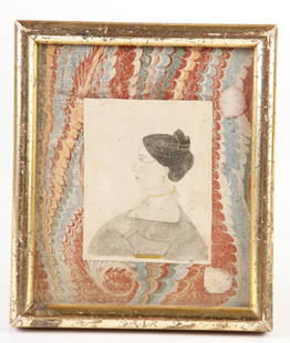 EARLY WATERCOLOR PORTRAIT OF A LADY: Profile portrait set in a gold frame 6 3/4 x 5 3/4 inches. Ca. 1830. Found in a photo album of Amhivra, Bradley, Pittsfield, Mass. Attributed to Justus Dalee (active 1826-1847).