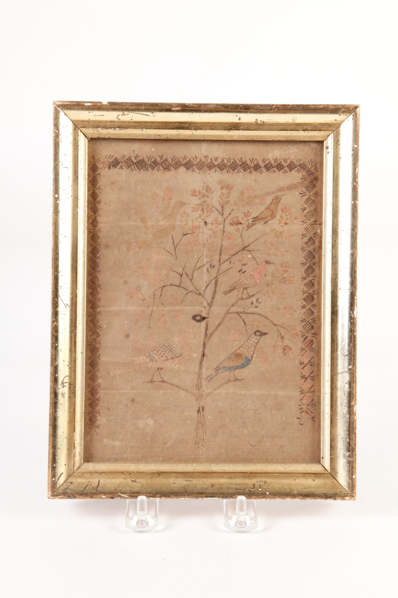 EARLY FRAMED WATERCOLOR OF BIRDS IN A TREE (1 of 7)