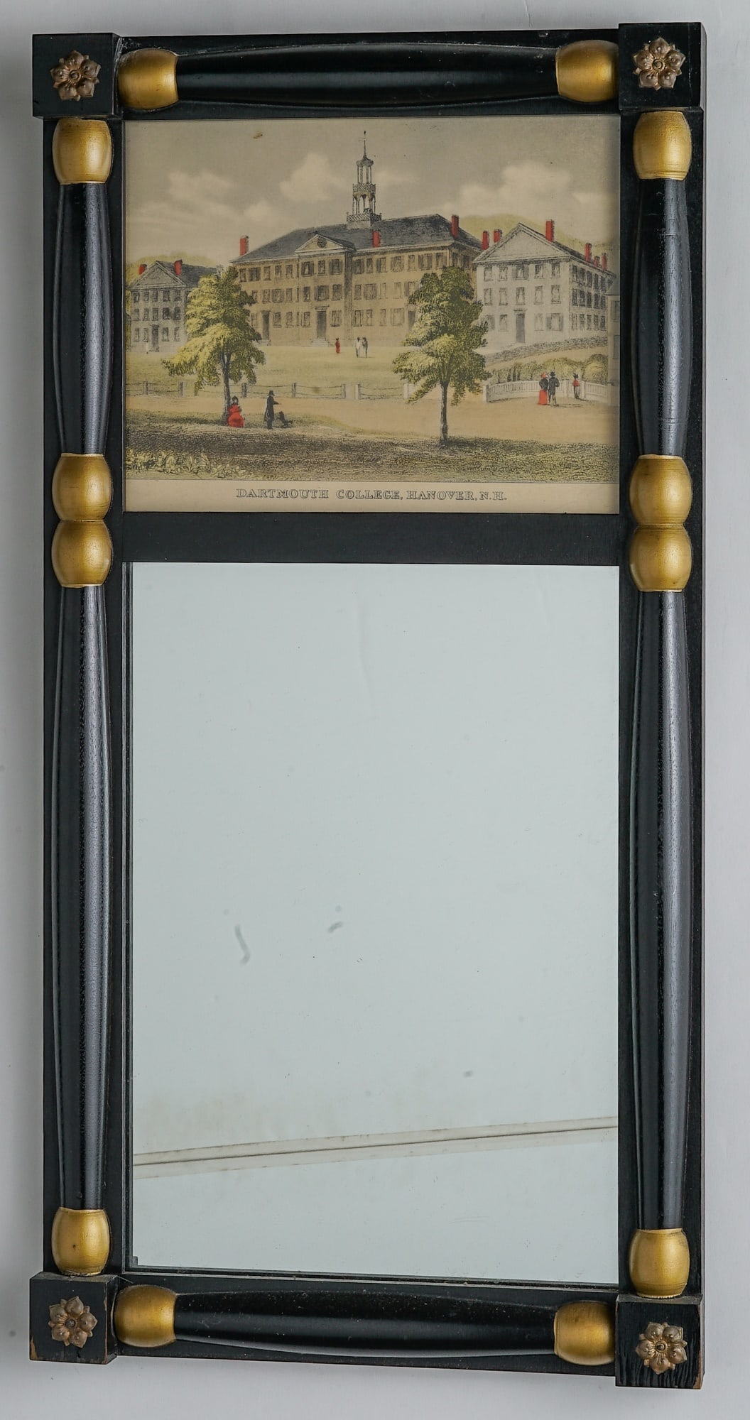DARTMOUTH BLACK SPLIT-COLUMN MIRROR: WITH PRINT OF DARTMOUTH HALL in upper section. 25 x 13