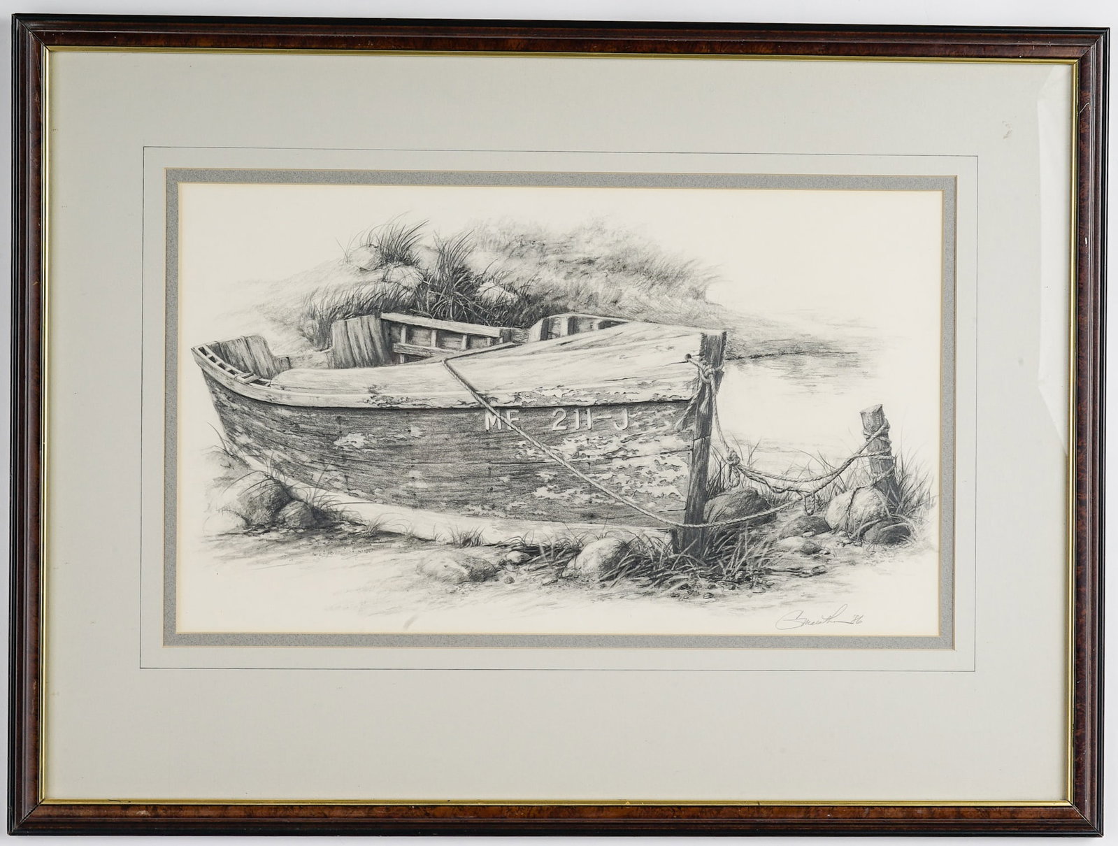 GARY MARATHON (CONTEMP.): Pencil on paper, signed lower right, "Low Tide". 12 x 20 1/2 sight; double-matted in frame 22 1/2 x 30 inches overall.