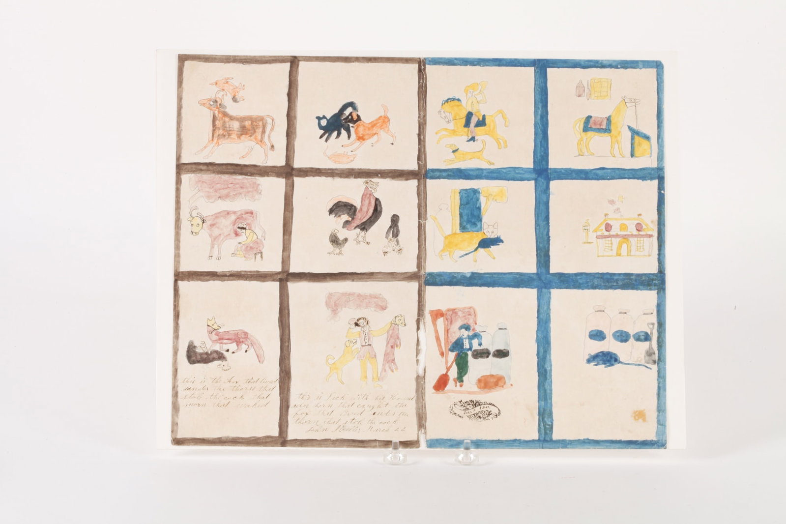 ANTIQUE HAND-DRAWN NURSERY RHYME PICTURE PANELS: 12 watercolor & pencil panels, 2 of which have portions of a nursery rhyme: "This is the fox that lived under the thorn....". A bottom panel is stamped with the name of "John S. Miller". 12 1/2 x 15 1
