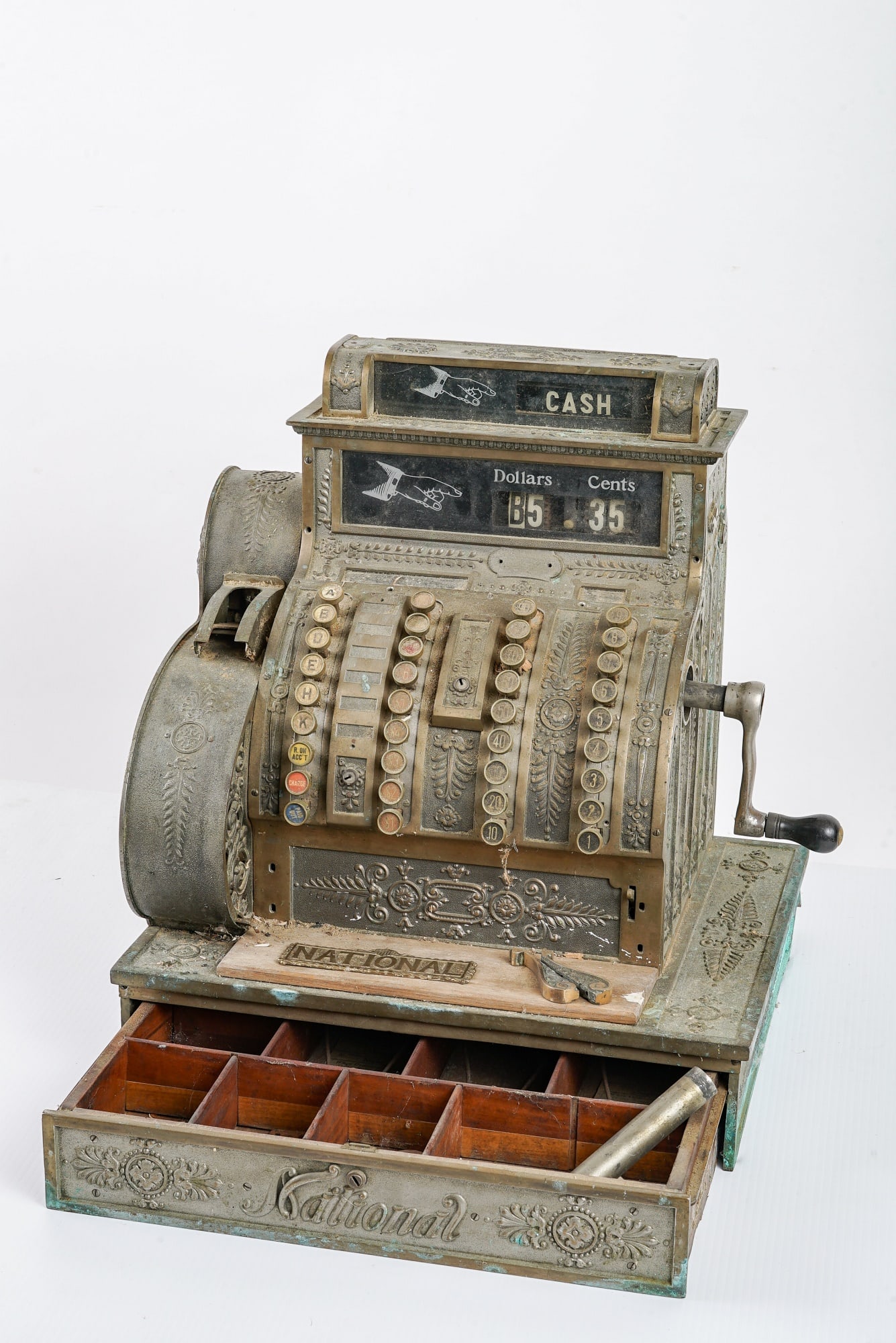 ANTIQUE NATIONAL CASH REGISTER: 18 x 15 x 20 inches high, with brass name plate 5 1/2 inches.