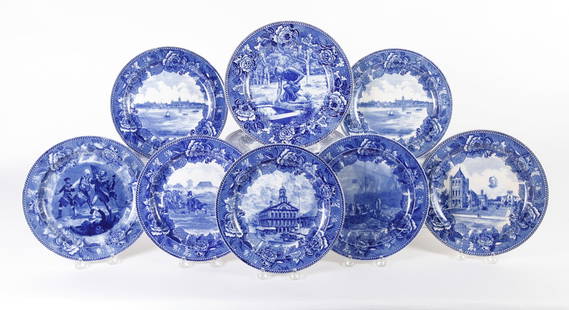 (11) WEDGWOOD HISTORICAL PLATES: Including "Indian Hunter Menotomy" 10 1/4 inches, "Fort Ticonderoga"10 inches, "The Return of the Mayflower", etc. All others are 9 inches diameter. See pics for more info.