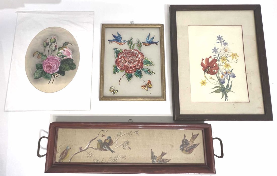 (2) BIRD PAINTINGS & (2) FLOWERS PAINTINGS (1 of 11)