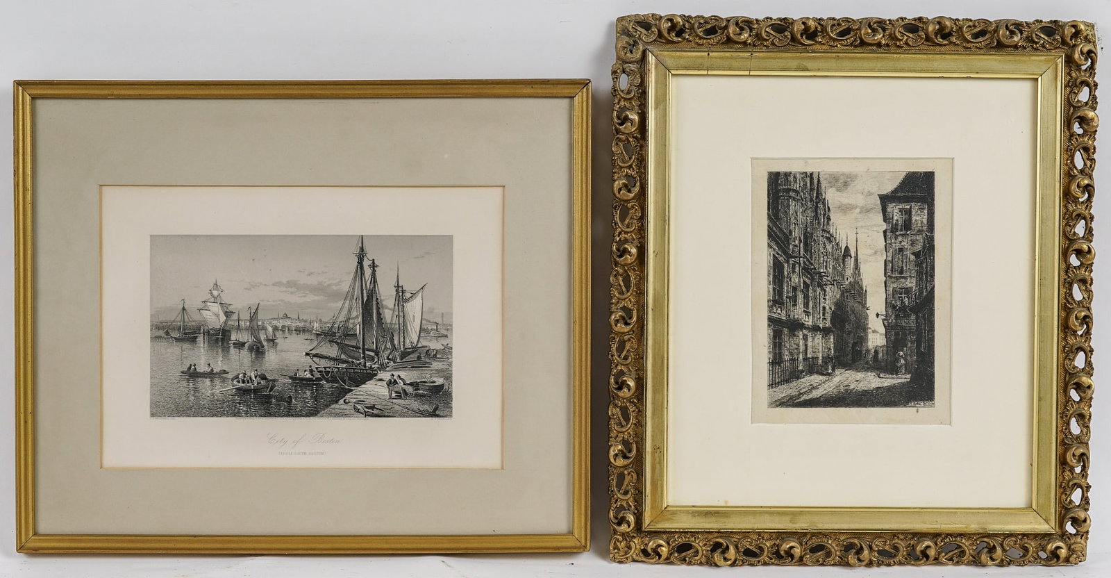 A. Ballin (1842-1885): Cityscape etching, 7 x 5 inches (sight), in gold frame 16 1/2 x 14 inches overall. Together with a print of "City of Boson (From South Boston), 5 1/4 x 8 3/4 inches (sight), 13 3/4 x 16 3/4 inches ove