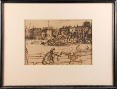 JAMES A. M. WHISTLER (1834-1903): Etching “Black Lion Wharf' 1859, published in 1871 as part of 'Sixteen Etchings of Scenes on the Thames and Other Subjects', known more widely as the 'Thames Set'. Framed 12 3/4 x 16 3/4 inches over