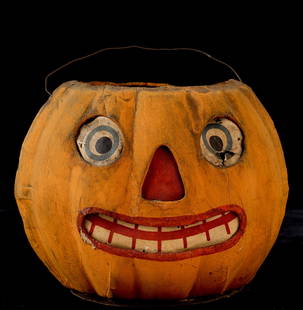 VINTAGE HALLOWEEN JACK O LANTERN CANDY CONTAINER: paper mache, face on two sides, Germany. 5 1/2 inches high.