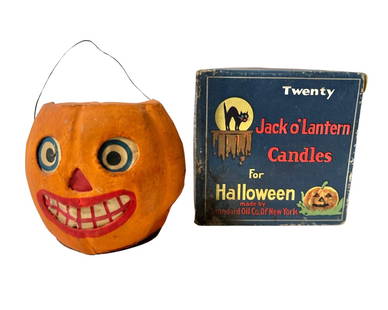 VINTAGE JACK-O-LANTERN CANDY CONTAINER W/CANDLES: paper mache, 3 inches high, Germany; along with box of "Jack o'Lantern Candles" containing 4 candles.