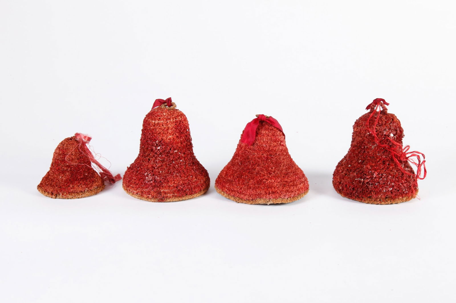 (4) VINTAGE PAPER MACHE CHRISTMAS BELLS: Red paper bells, 2 with reflective mica chips. 4 1/2 and 3 inches high., Probably Germany.