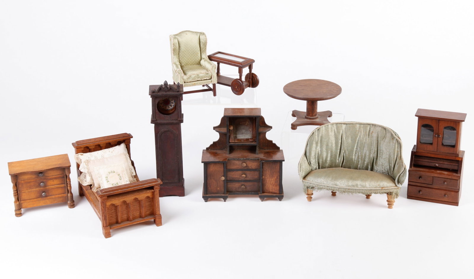 (9) PIECES OF VINTAGE DOLL HOUSE FURNITURE: Including a tall clock, chest of drawers, sofa, etc. Tall clock is 8 1/2 inches. See pics for more info.