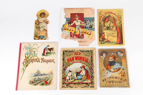 (6) VINTAGE CHILDREN'S BY MCLOUGHLIN BRO'S: New York, including: "The Little American Farmer", "Busy Days", "Rip Van Winkle", "Topsy", etc. See pics for more info.