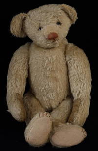 AMERICAN HECLA WHITE MOHAIR TEDDY BEAR: C. 1907 with humped back, long bent arms, eyes with pupils, 15 inches tall.