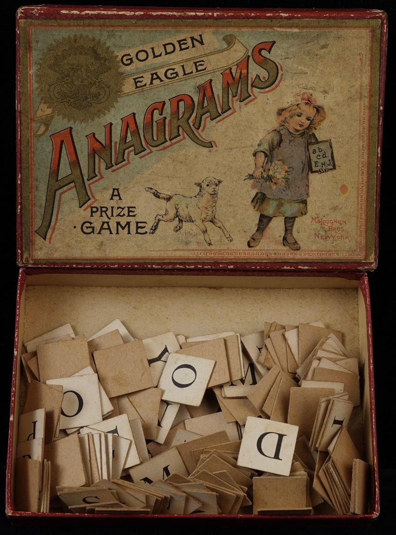 GOLDEN EAGLE "ANAGRAMS" GAME: 4 1/2 x 6 1/4 inch box with lithograph cover, and contents.