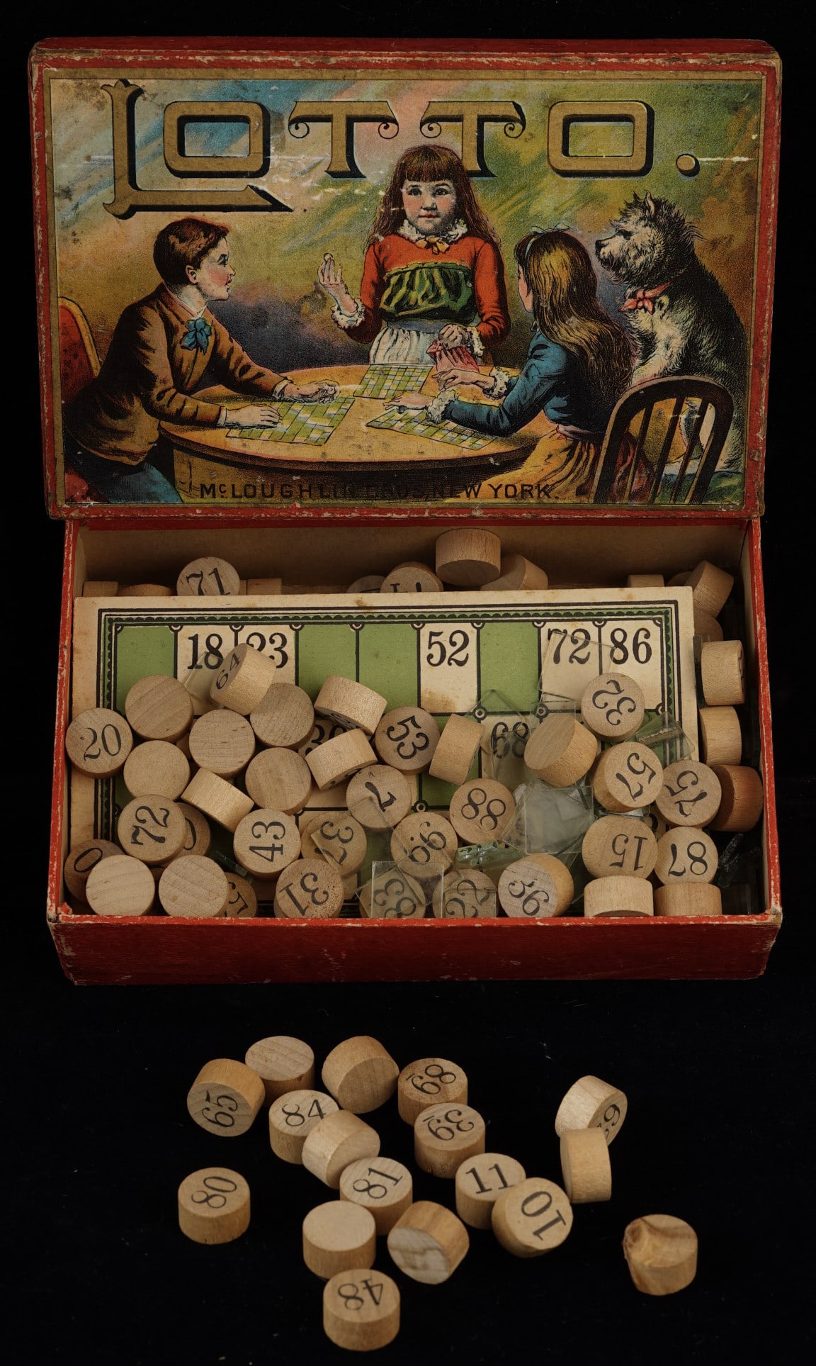 "LOTTO" GAME BY McLAUGHLIN BROS.: Board game with many pieces, in red box with lithographic decal, 5 x 8 x 2 1/2 inches.