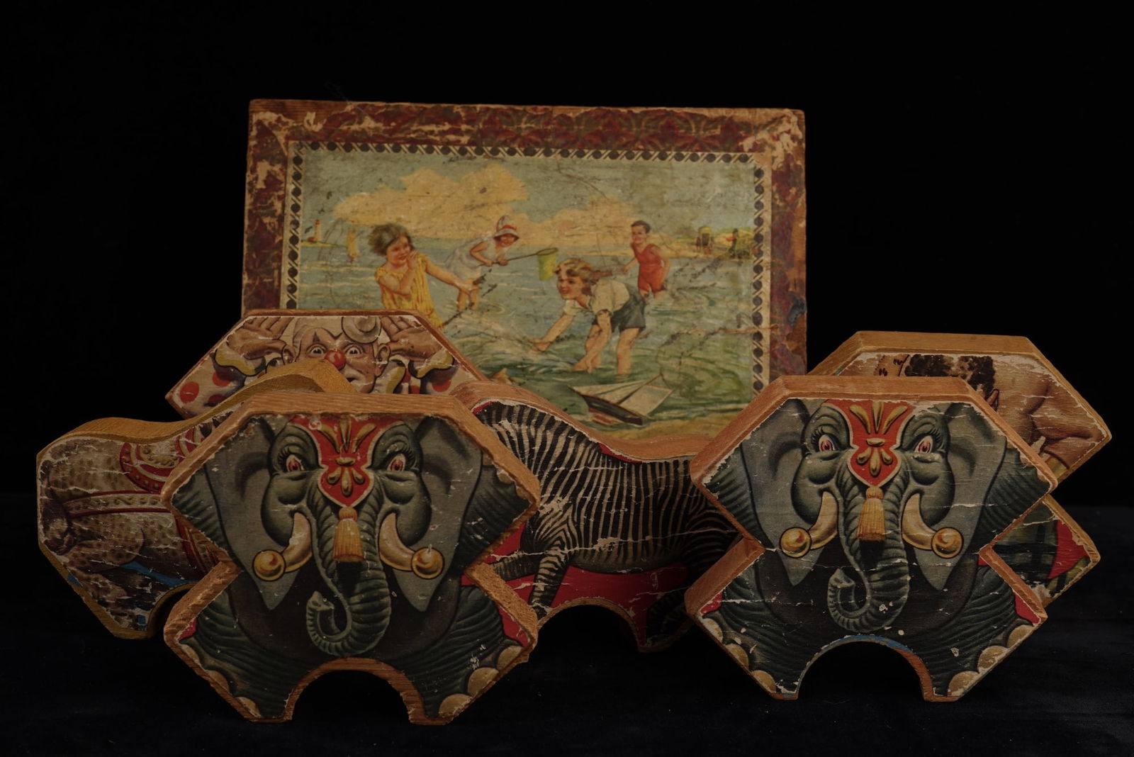 VINTAGE BOX OF WOOD BLOCK PUZZLES (1 of 9)