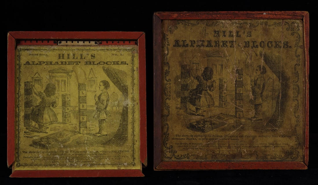 (2) BOXES OF "HILL'S ALPHABET BLOCKS": Identical sets except for size: 5 3/4 inch square and 5-inch square boxes with slide lid and lithograph decal, each having 18 red and white alphabet blocks