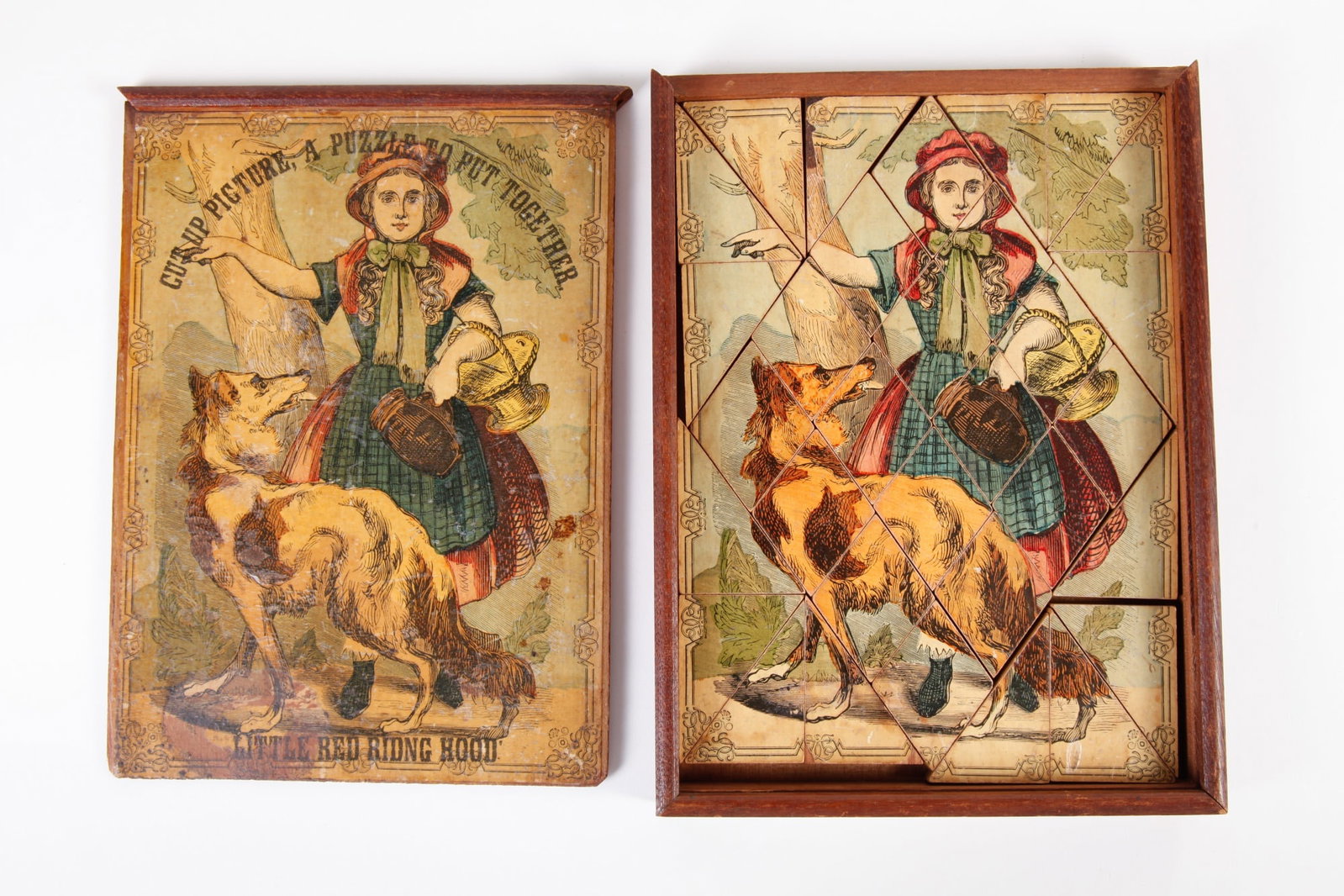 "LITTLE RED RIDING HOOD" PICTURE PUZZLE: Lithographed box and slide lid. 9 1/2 x 7 inches.