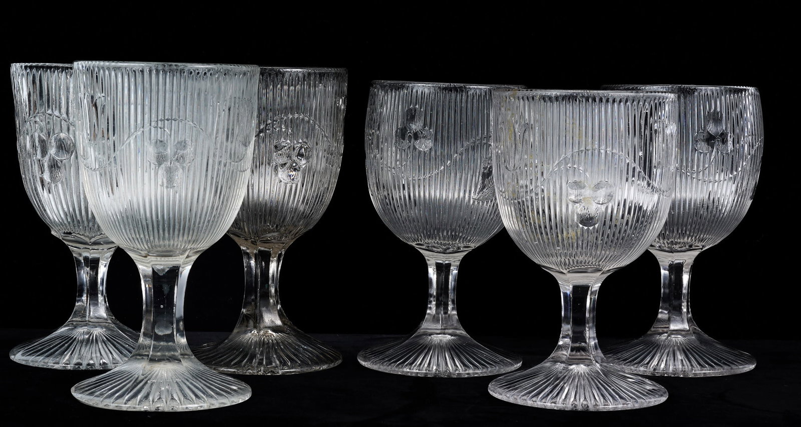 (6) RIBBED & FLORAL CUT WINE GLASSES: 6 1/4 inches (approx / each vary a little in height)